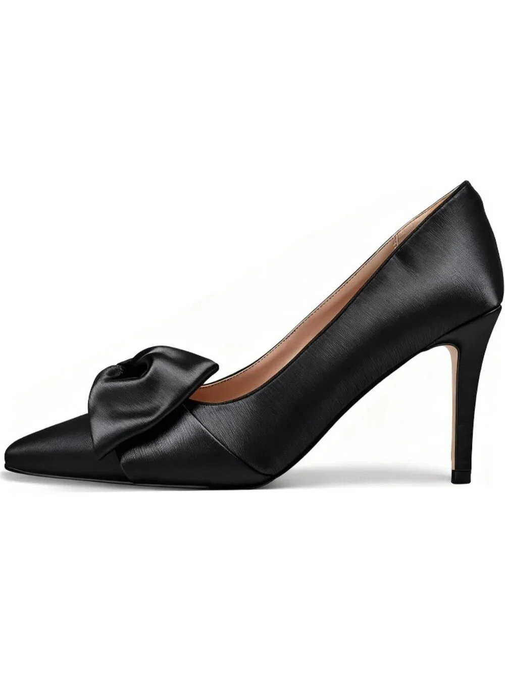 Women's Satin-Black Bow Heels Closed Pointed Toe Pumps Stiletto Heels Slip On